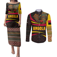 Angola Couples Matching Puletasi and Long Sleeve Button Shirt with Red Black Yellow Tribal Design and Elephant - Wonder Print Shop