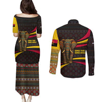 Angola Couples Matching Puletasi and Long Sleeve Button Shirt with Red Black Yellow Tribal Design and Elephant - Wonder Print Shop