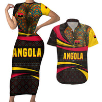 Angola Couples Matching Short Sleeve Bodycon Dress and Hawaiian Shirt with Red Black Yellow Tribal Design and Elephant - Wonder Print Shop