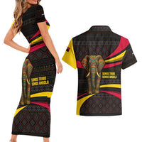 Angola Couples Matching Short Sleeve Bodycon Dress and Hawaiian Shirt with Red Black Yellow Tribal Design and Elephant - Wonder Print Shop