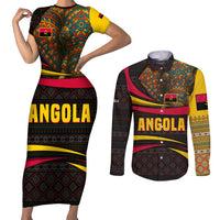 Angola Couples Matching Short Sleeve Bodycon Dress and Long Sleeve Button Shirt with Red Black Yellow Tribal Design and Elephant - Wonder Print Shop