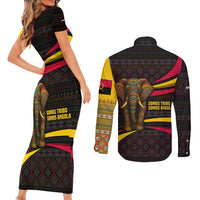 Angola Couples Matching Short Sleeve Bodycon Dress and Long Sleeve Button Shirt with Red Black Yellow Tribal Design and Elephant - Wonder Print Shop