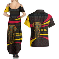 Angola Couples Matching Summer Maxi Dress and Hawaiian Shirt with Red Black Yellow Tribal Design and Elephant - Wonder Print Shop