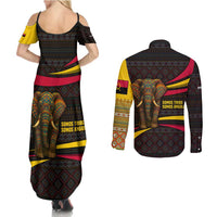 Angola Couples Matching Summer Maxi Dress and Long Sleeve Button Shirt with Red Black Yellow Tribal Design and Elephant - Wonder Print Shop