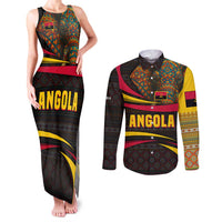 Angola Couples Matching Tank Maxi Dress and Long Sleeve Button Shirt with Red Black Yellow Tribal Design and Elephant - Wonder Print Shop