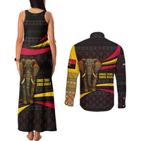 Angola Couples Matching Tank Maxi Dress and Long Sleeve Button Shirt with Red Black Yellow Tribal Design and Elephant - Wonder Print Shop
