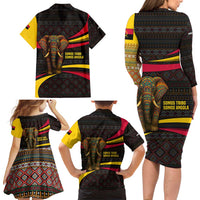 Angola Family Matching Long Sleeve Bodycon Dress and Hawaiian Shirt with Red Black Yellow Tribal Design and Elephant - Wonder Print Shop