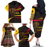 Angola Family Matching Off The Shoulder Long Sleeve Dress and Hawaiian Shirt with Red Black Yellow Tribal Design and Elephant - Wonder Print Shop