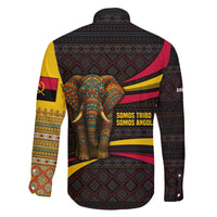 Angola Family Matching Off The Shoulder Long Sleeve Dress and Hawaiian Shirt with Red Black Yellow Tribal Design and Elephant - Wonder Print Shop