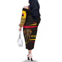 Angola Family Matching Off The Shoulder Long Sleeve Dress and Hawaiian Shirt with Red Black Yellow Tribal Design and Elephant - Wonder Print Shop