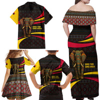 Angola Family Matching Off Shoulder Maxi Dress and Hawaiian Shirt with Red Black Yellow Tribal Design and Elephant - Wonder Print Shop