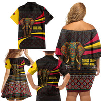 Angola Family Matching Off Shoulder Short Dress and Hawaiian Shirt with Red Black Yellow Tribal Design and Elephant - Wonder Print Shop