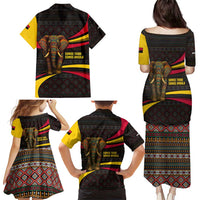 Angola Family Matching Puletasi and Hawaiian Shirt with Red Black Yellow Tribal Design and Elephant - Wonder Print Shop