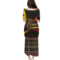 Angola Family Matching Puletasi and Hawaiian Shirt with Red Black Yellow Tribal Design and Elephant - Wonder Print Shop