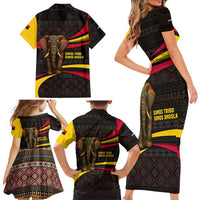 Angola Family Matching Short Sleeve Bodycon Dress and Hawaiian Shirt with Red Black Yellow Tribal Design and Elephant - Wonder Print Shop