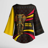 Angola Kimono Sleeve Blouse with Red Black Yellow Tribal Design and Elephant - Wonder Print Shop