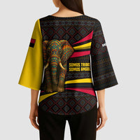 Angola Kimono Sleeve Blouse with Red Black Yellow Tribal Design and Elephant - Wonder Print Shop