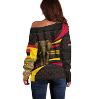 Angola Off Shoulder Sweater with Red Black Yellow Tribal Design and Elephant - Wonder Print Shop