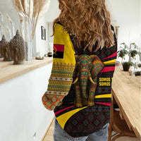 Angola Women Casual Shirt with Red Black Yellow Tribal Design and Elephant - Wonder Print Shop