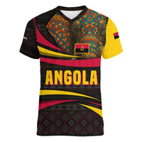 Angola Women V-Neck T-Shirt with Red Black Yellow Tribal Design and Elephant - Wonder Print Shop