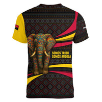 Angola Women V-Neck T-Shirt with Red Black Yellow Tribal Design and Elephant - Wonder Print Shop