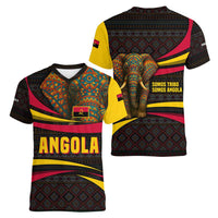 Angola Women V-Neck T-Shirt with Red Black Yellow Tribal Design and Elephant - Wonder Print Shop