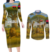 Angola Couples Matching Long Sleeve Bodycon Dress and Long Sleeve Button Shirt with Savannah Wildlife Design and African Animal - Wonder Print Shop