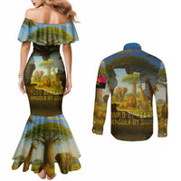 Angola Couples Matching Mermaid Dress and Long Sleeve Button Shirt with Savannah Wildlife Design and African Animal - Wonder Print Shop