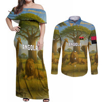 Angola Couples Matching Off Shoulder Maxi Dress and Long Sleeve Button Shirt with Savannah Wildlife Design and African Animal - Wonder Print Shop
