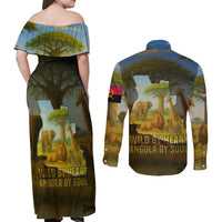 Angola Couples Matching Off Shoulder Maxi Dress and Long Sleeve Button Shirt with Savannah Wildlife Design and African Animal - Wonder Print Shop