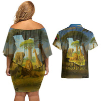 Angola Couples Matching Off Shoulder Short Dress and Hawaiian Shirt with Savannah Wildlife Design and African Animal - Wonder Print Shop