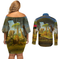 Angola Couples Matching Off Shoulder Short Dress and Long Sleeve Button Shirt with Savannah Wildlife Design and African Animal - Wonder Print Shop