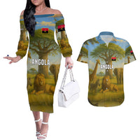 Angola Couples Matching Off The Shoulder Long Sleeve Dress and Hawaiian Shirt with Savannah Wildlife Design and African Animal - Wonder Print Shop