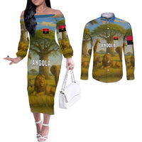 Angola Couples Matching Off The Shoulder Long Sleeve Dress and Long Sleeve Button Shirt with Savannah Wildlife Design and African Animal - Wonder Print Shop