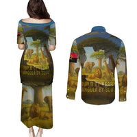 Angola Couples Matching Puletasi and Long Sleeve Button Shirt with Savannah Wildlife Design and African Animal - Wonder Print Shop