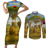 Angola Couples Matching Short Sleeve Bodycon Dress and Long Sleeve Button Shirt with Savannah Wildlife Design and African Animal - Wonder Print Shop