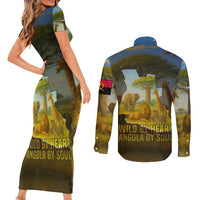 Angola Couples Matching Short Sleeve Bodycon Dress and Long Sleeve Button Shirt with Savannah Wildlife Design and African Animal - Wonder Print Shop