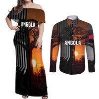 Angola Couples Matching Off Shoulder Maxi Dress and Long Sleeve Button Shirt with Sunset Zebra Design and African Nature - Wonder Print Shop
