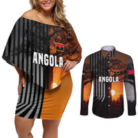 Angola Couples Matching Off Shoulder Short Dress and Long Sleeve Button Shirt with Sunset Zebra Design and African Nature - Wonder Print Shop