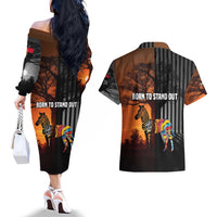 Angola Couples Matching Off The Shoulder Long Sleeve Dress and Hawaiian Shirt with Sunset Zebra Design and African Nature - Wonder Print Shop