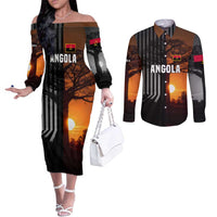 Angola Couples Matching Off The Shoulder Long Sleeve Dress and Long Sleeve Button Shirt with Sunset Zebra Design and African Nature - Wonder Print Shop