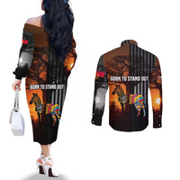 Angola Couples Matching Off The Shoulder Long Sleeve Dress and Long Sleeve Button Shirt with Sunset Zebra Design and African Nature - Wonder Print Shop