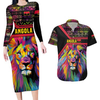 Angola Couples Matching Long Sleeve Bodycon Dress and Hawaiian Shirt with Multicolor Tribal Design and Vibrant Lion - Wonder Print Shop