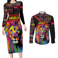 Angola Couples Matching Long Sleeve Bodycon Dress and Long Sleeve Button Shirt with Multicolor Tribal Design and Vibrant Lion - Wonder Print Shop