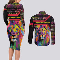 Angola Couples Matching Long Sleeve Bodycon Dress and Long Sleeve Button Shirt with Multicolor Tribal Design and Vibrant Lion - Wonder Print Shop