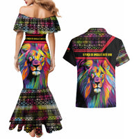 Angola Couples Matching Mermaid Dress and Hawaiian Shirt with Multicolor Tribal Design and Vibrant Lion - Wonder Print Shop
