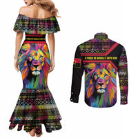 Angola Couples Matching Mermaid Dress and Long Sleeve Button Shirt with Multicolor Tribal Design and Vibrant Lion - Wonder Print Shop