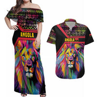Angola Couples Matching Off Shoulder Maxi Dress and Hawaiian Shirt with Multicolor Tribal Design and Vibrant Lion - Wonder Print Shop