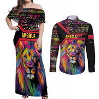 Angola Couples Matching Off Shoulder Maxi Dress and Long Sleeve Button Shirt with Multicolor Tribal Design and Vibrant Lion - Wonder Print Shop