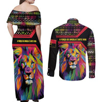 Angola Couples Matching Off Shoulder Maxi Dress and Long Sleeve Button Shirt with Multicolor Tribal Design and Vibrant Lion - Wonder Print Shop